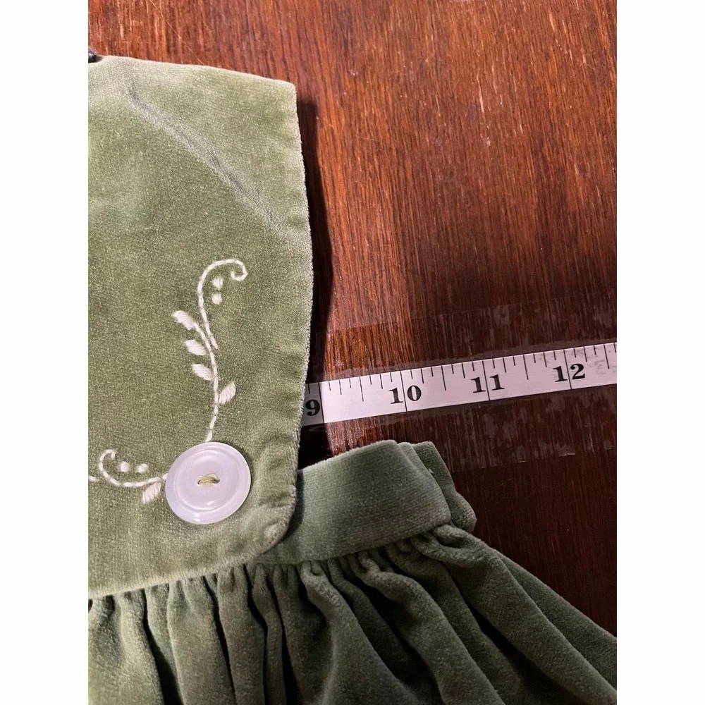 Vintage Green Velvet Pinafore Dress Kids Floral Embroidery Pleated Holiday Olive